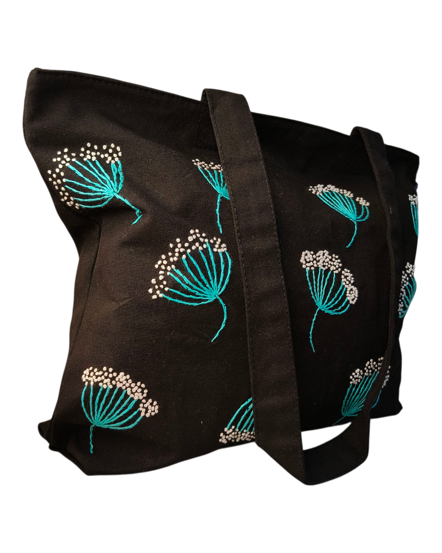 Embroidered Black Canvas zipper Tote Bag|
