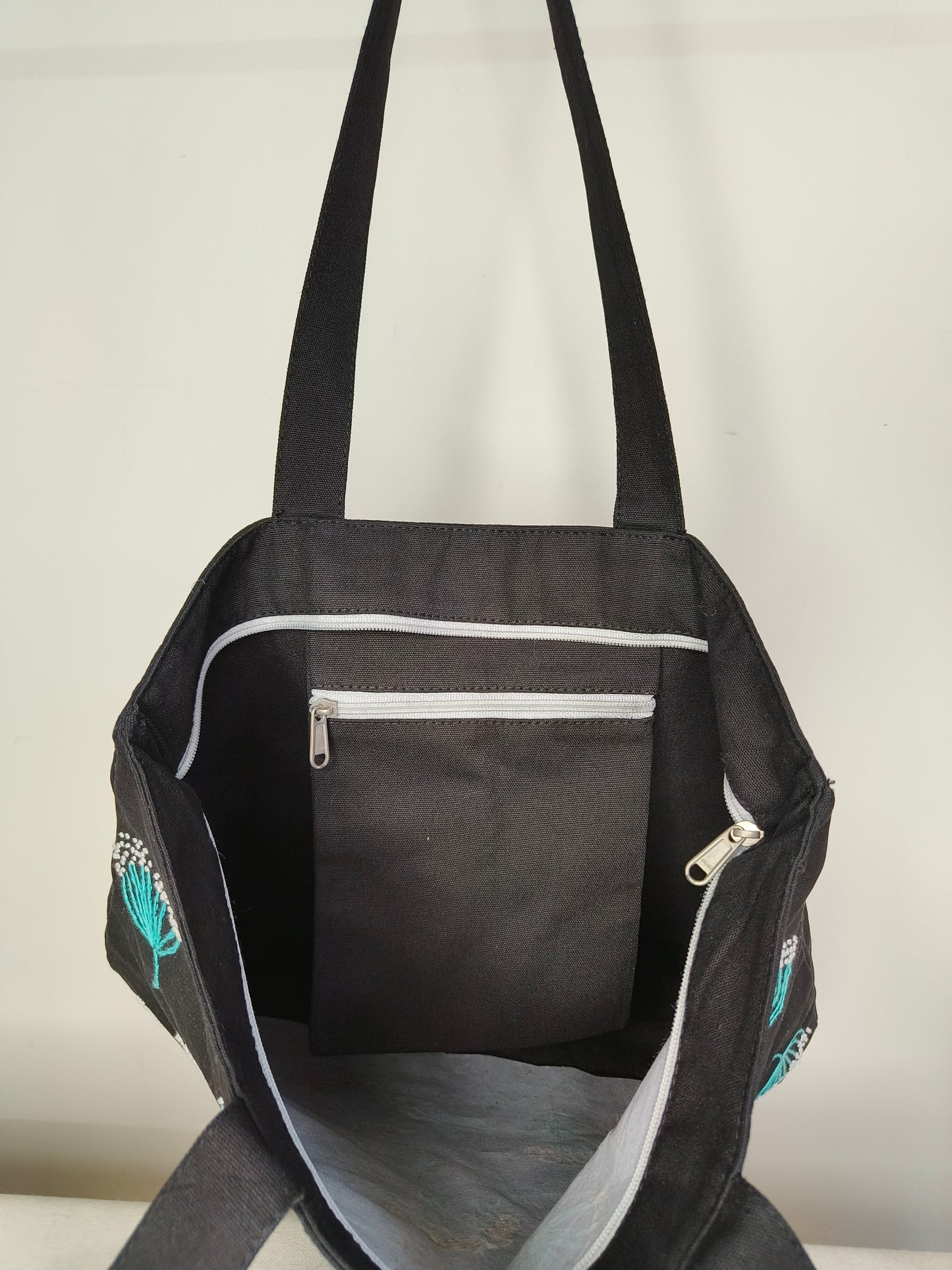 Embroidered Black Canvas zipper Tote Bag|