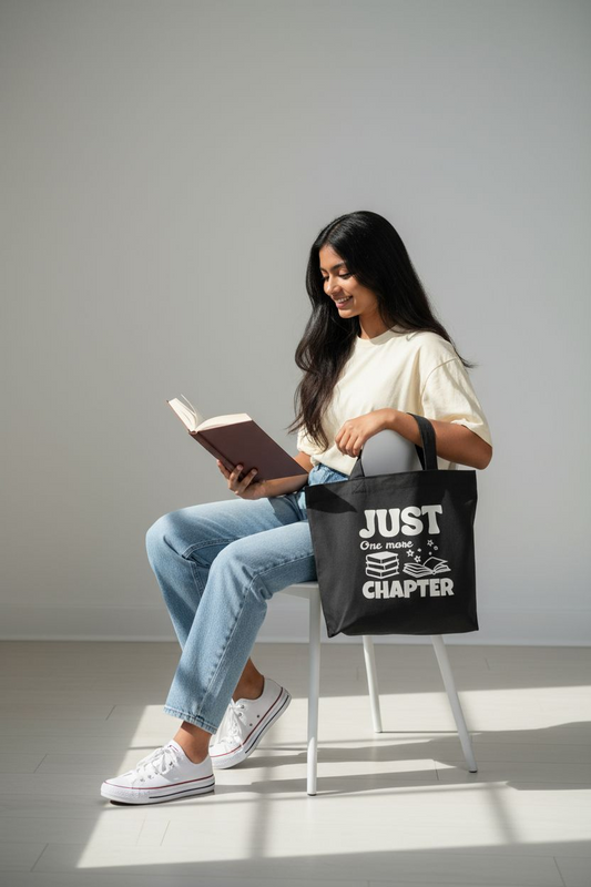 Black Canvas Tote Bag with Zipper – Just One More Chapter Print