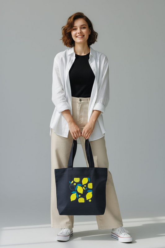 Fresh Lemon Print Black Canvas Tote Bag with Zipper