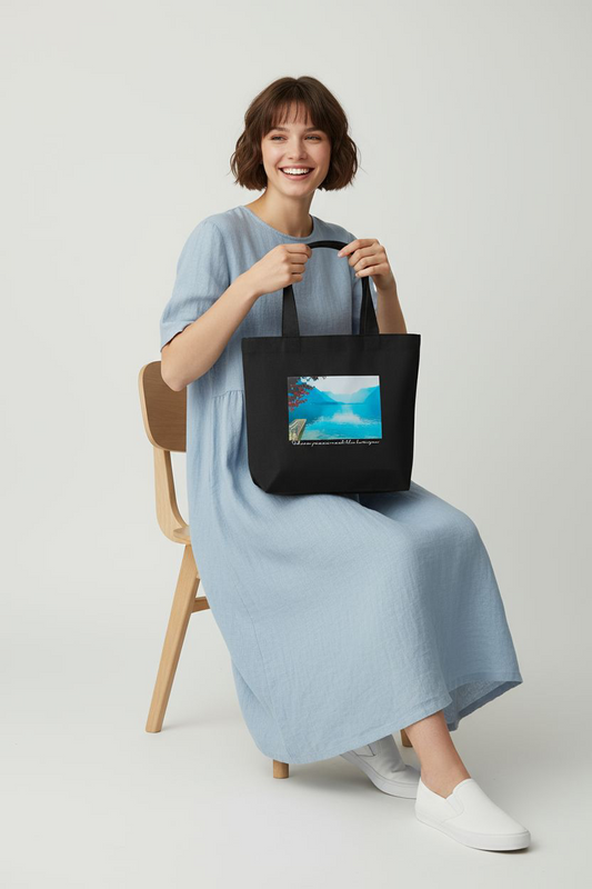 Black Canvas Tote Bag with Zipper & Scenic Lake Print | Stylish Eco-Friendly Travel & Everyday Tote Bag |