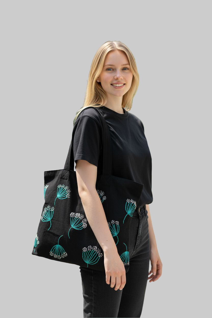 Embroidered Black Canvas zipper Tote Bag|