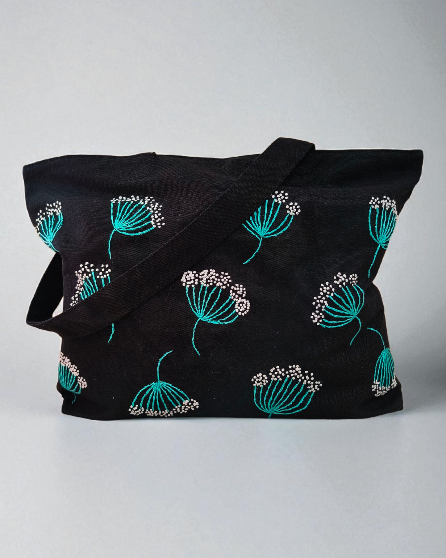 Embroidered Black Canvas zipper Tote Bag|