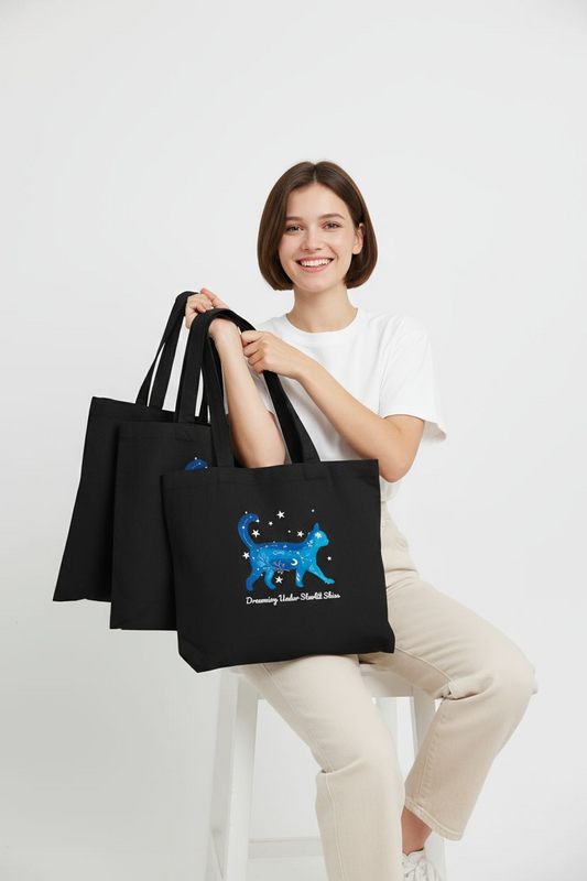 Starry Cat Tote – Black Canvas Bag |
