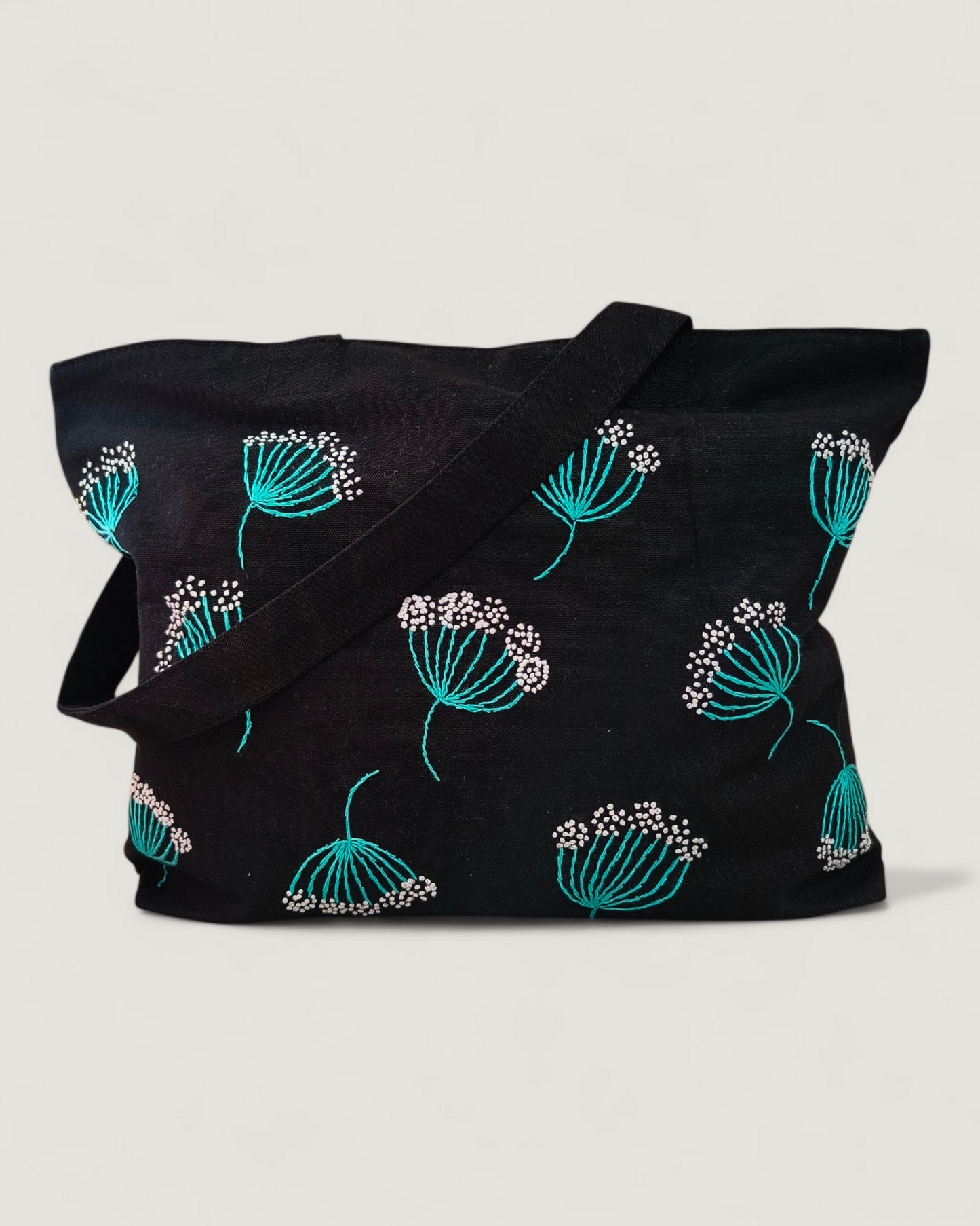 Embroidered Black Canvas zipper Tote Bag|